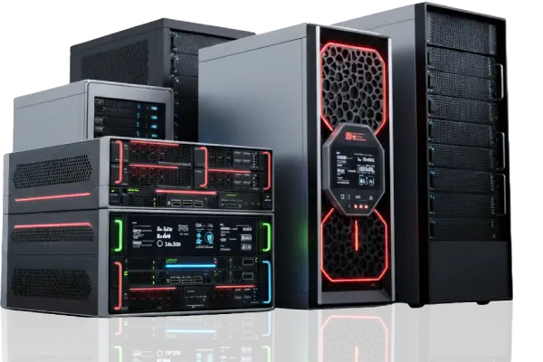 A large data center room with rows of server racks, cables overhead, and industrial lighting.