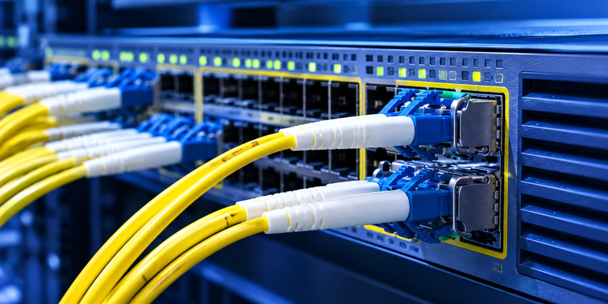 Close-up of yellow fiber-optic cables plugged into a blue network switch, with green status lights glowing; precise, technical data-center atmosphere.