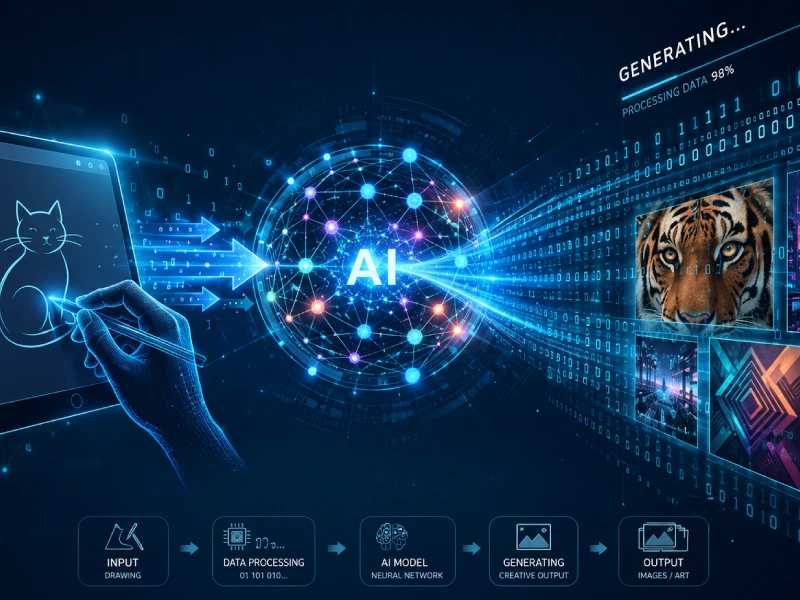 A futuristic digital interface showcasing a vibrant, interconnected virtual world with glowing elements and data streams.