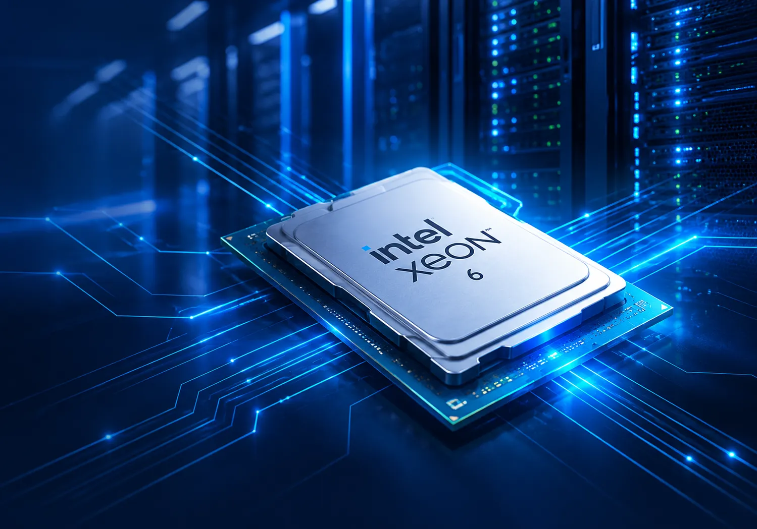 Intel Xeon 6 processor displayed on a black background, showcasing its sleek design and advanced technology.