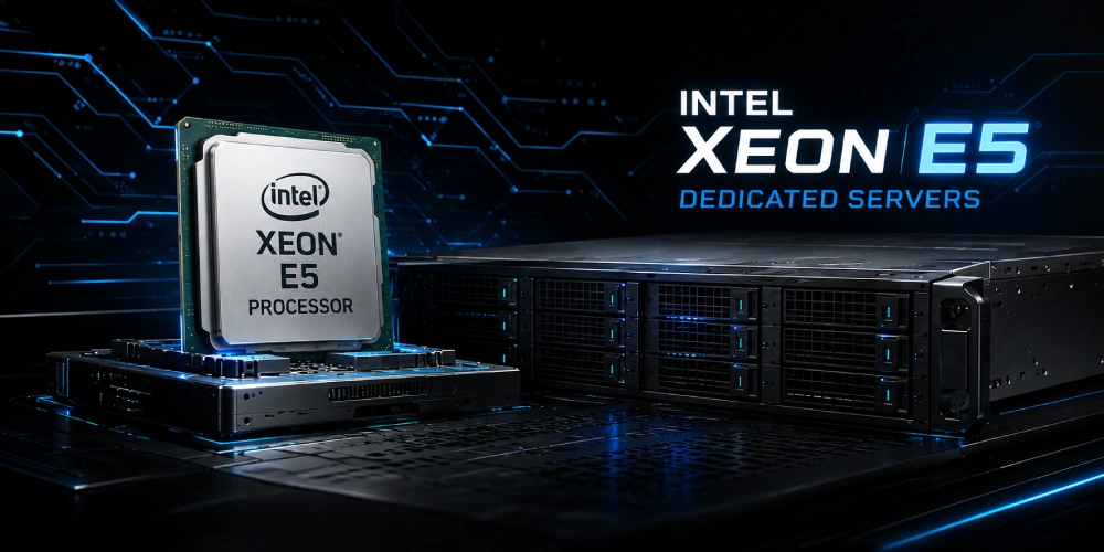 Intel Xeon E5 processor displayed on a black background, showcasing its sleek design and advanced technology.