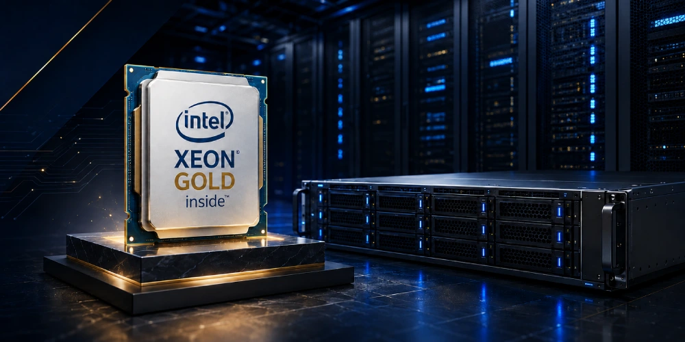 Intel Xeon Gold processor displayed on a black background, showcasing its sleek design and advanced technology.