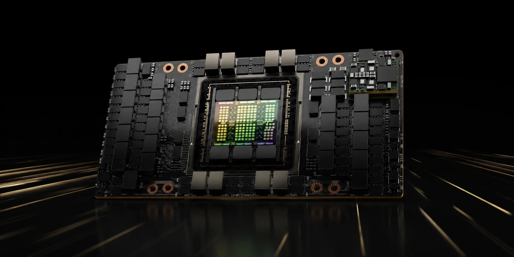 Close-up of NVIDIA H100 GPU within a server, highlighting its design and capabilities for intensive processing